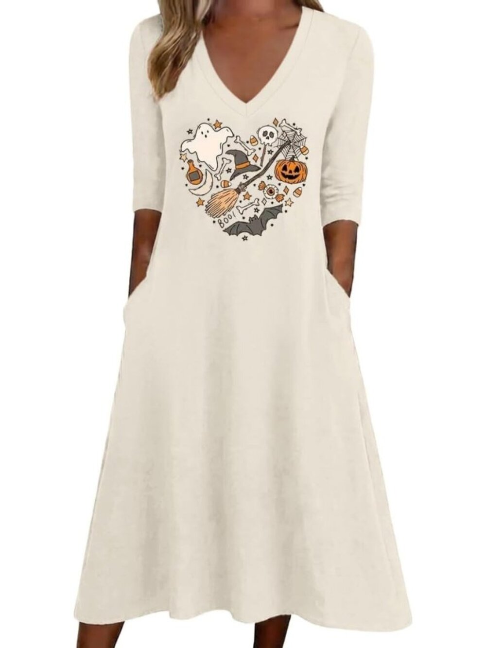 🎃Women's Beige Casual Pumpkin Genie Witch Fall 3/4 Sleeve Halloween Shirt Dress